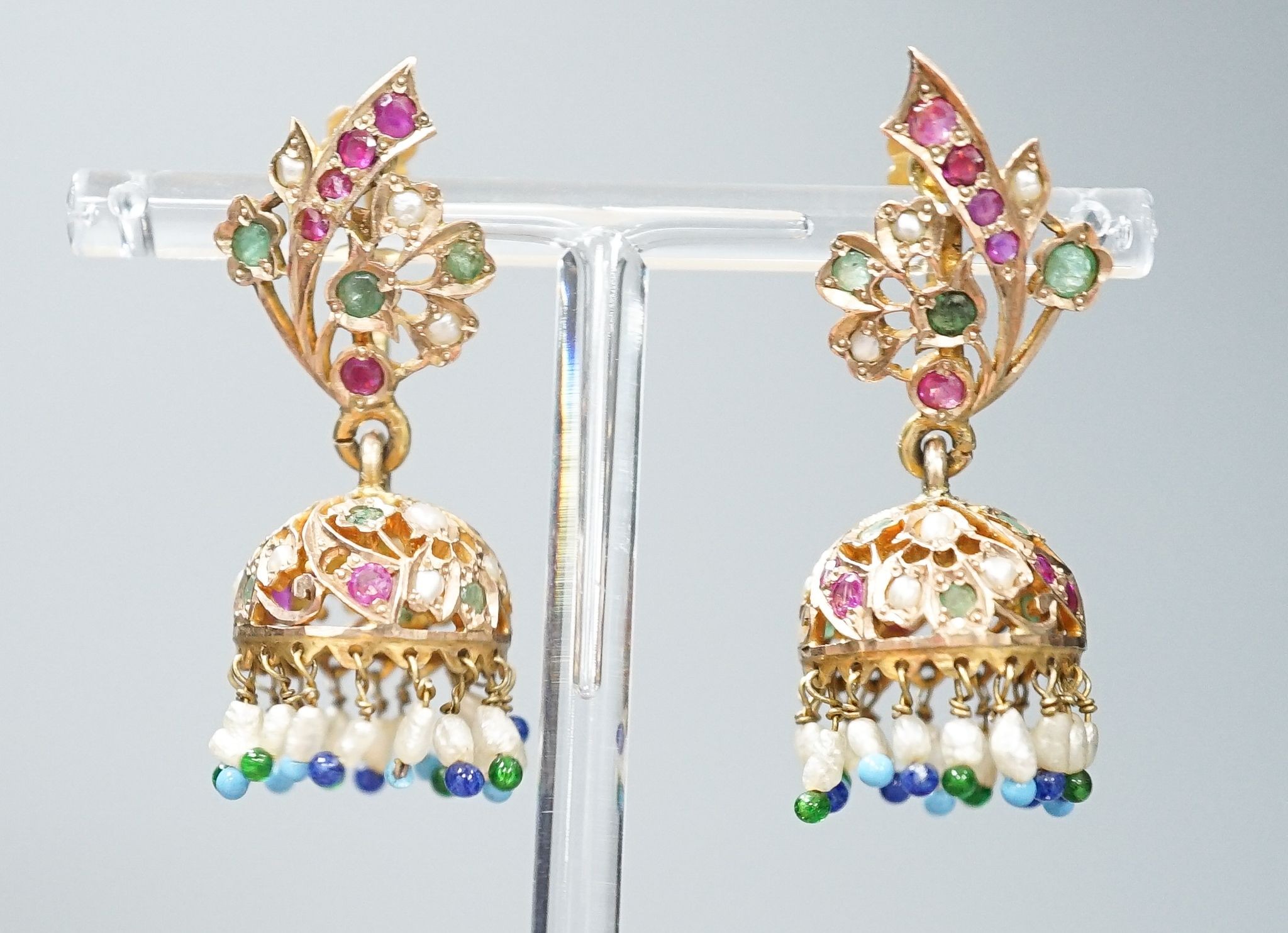 A pair of Indian? yellow metal and multi-gem set drop ear clips, 41mm, gross weight 13.2 grams.